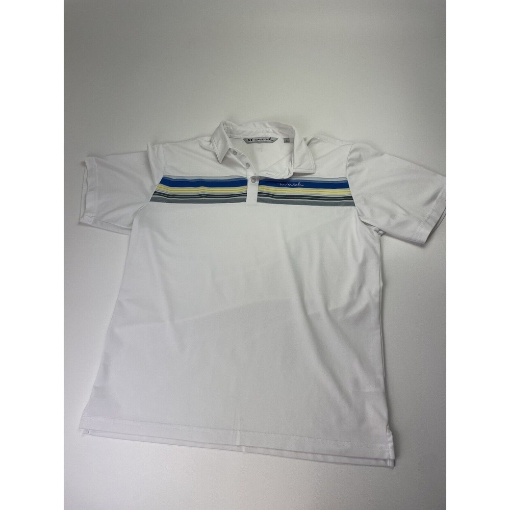 Travis Mathew White Polo Shirt with Blue and Green Stripes